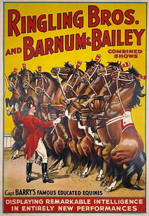 RINGLING BROS. BARNUM & BAILEY CIRCUS POSTER: ONE SHEET, CENTRAL PRINTING & LITHO, 1930'S. CAPT. BARRY'S FAMOUS EDUCATED EQUINES, DISPLAYING REMARKABLE INTELLIGENCE IN ENTIRELY NEW PERFORMANCES. PROFESSIONALLY LINEN-BACKED, CONSERVED,