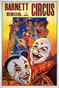 BARNETT BROS. 3 RING CIRCUS POSTER: ONE SHEET, DONALDSON LITHO, 1930'S. PROFESSIONALLY LINEN-BACKED, CONSERVED, BRILLIANT COLORS. IMAGE 28.5"X42"