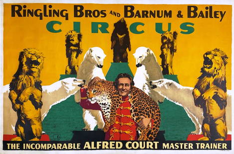 RINGLING BROS. BARNUM & BAILEY CIRCUS POSTER: ONE SHEET, NBG STUDIOS SIGNATURE, 1940'S. PROFESSIONALLY LINEN-BACKED, CONSERVED. IMAGE 28"X42"