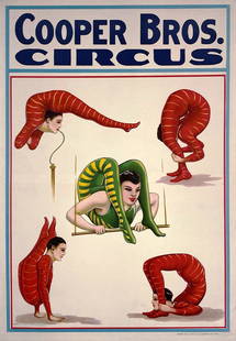 COOPER BROS. CIRCUS POSTER: HALF SHEET, DONALDSON LITHO, 1920'S. FEATURING A ICONOGRAPHIC DISPLAY OF CONTORTIONISM. PROFESSIONALLY LINEN-BACKED, CONSERVED, BRILLIANT COLORS. IMAGE 19"X27.5"