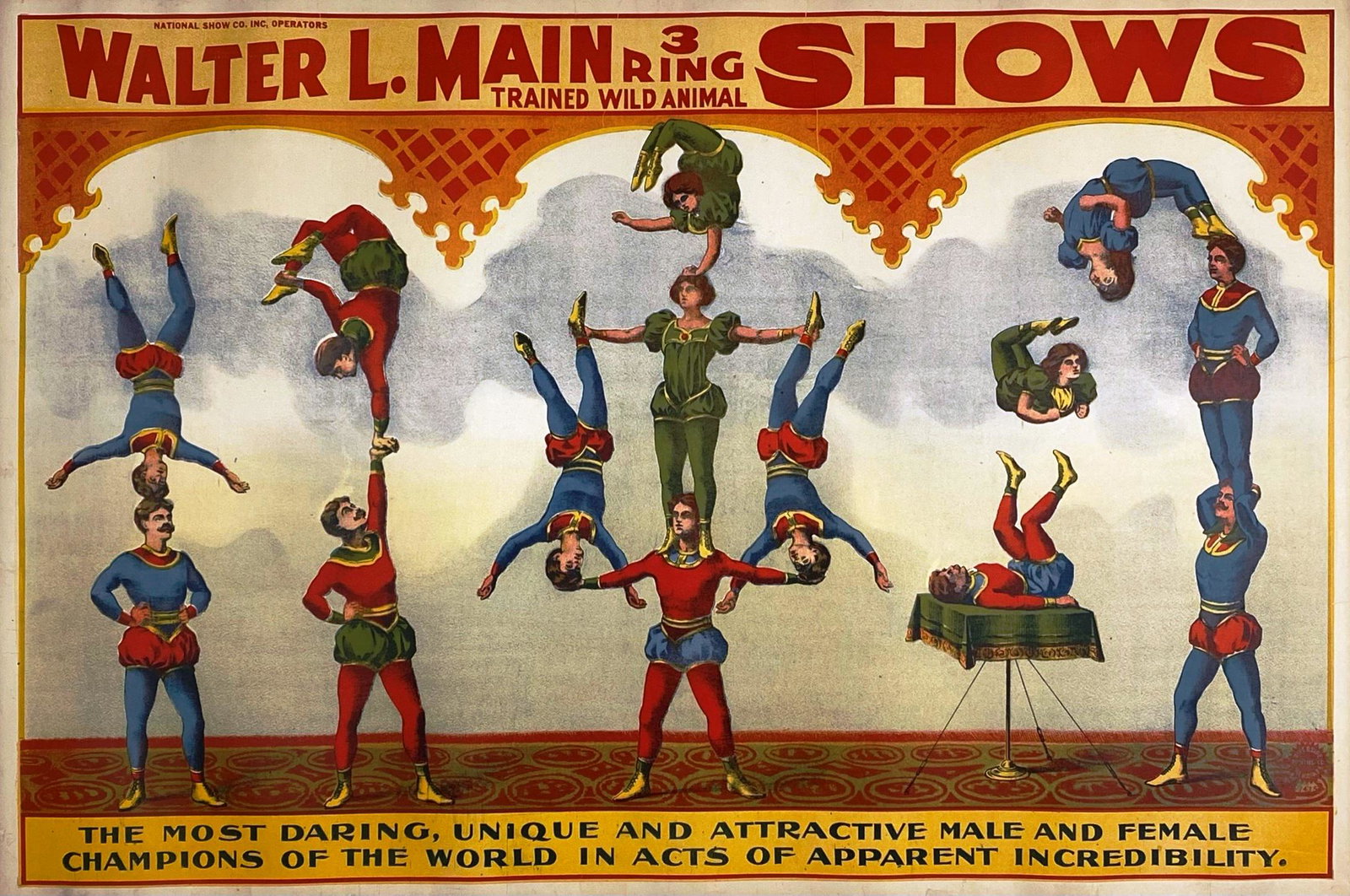 WALTER L. MAIN 3 RING CIRCUS POSTER: ONE SHEET, RIVERSIDE PRINTING, 1910'S. THE MOST DARING, UNIQUE AND ATTRACTIVE MALE AND FEMALE CHAMPIONS OF THE WORLD IN ACTS OF APPARENT INCREDIBILITY. PROFESSIONALLY LINEN-BACKED, CONSERVED, BRILLIAN