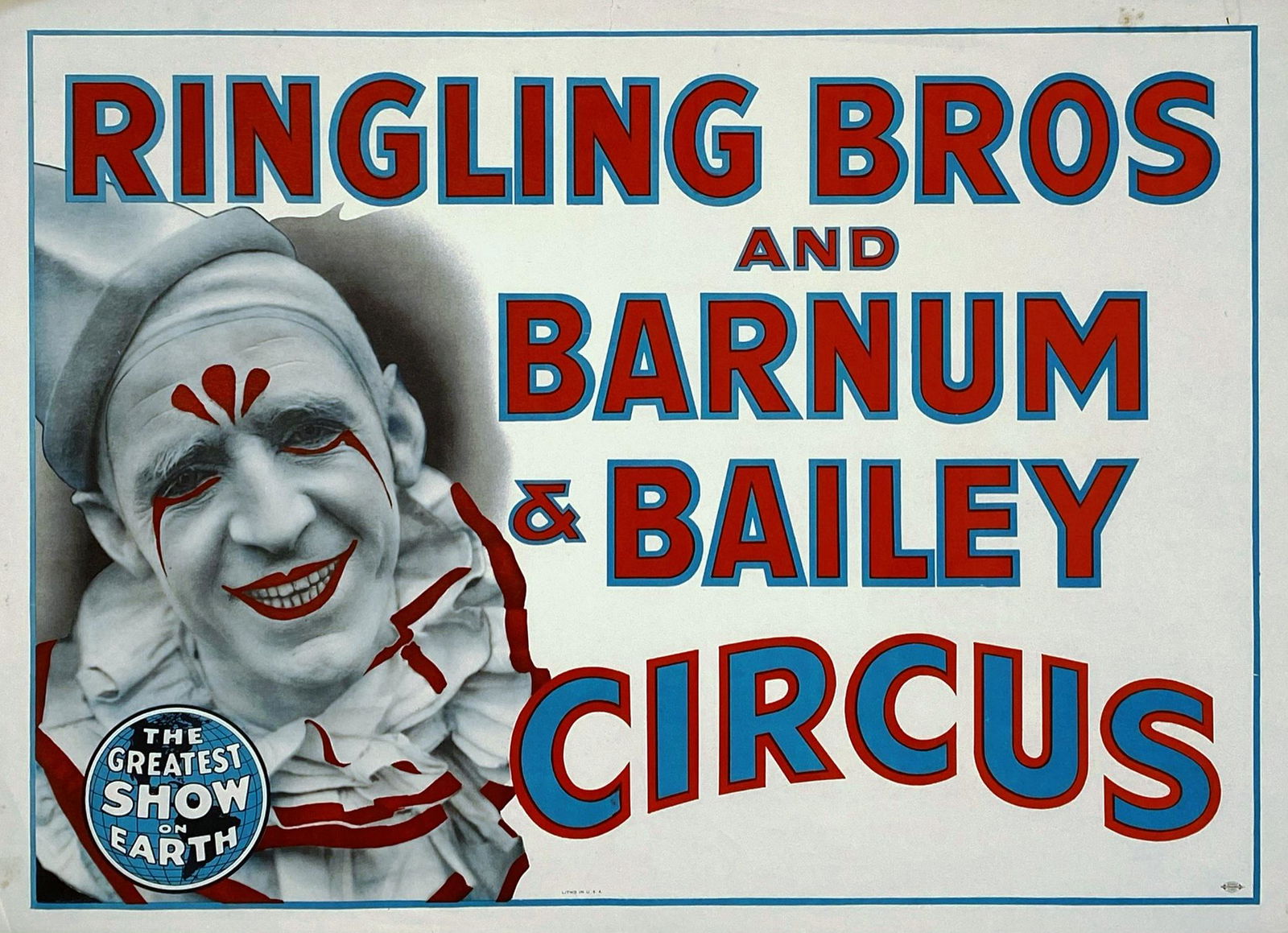 RINGLING BROS. BARNUM & BAILEY CIRCUS POSTER: HALF SHEET, 1940'S. CLASSIC RBBB PAT VALDO IMAGE. UNMOUNTED, FOXING/STAINING AT EXTREME MARGINS. IMAGE 20.5"X28"