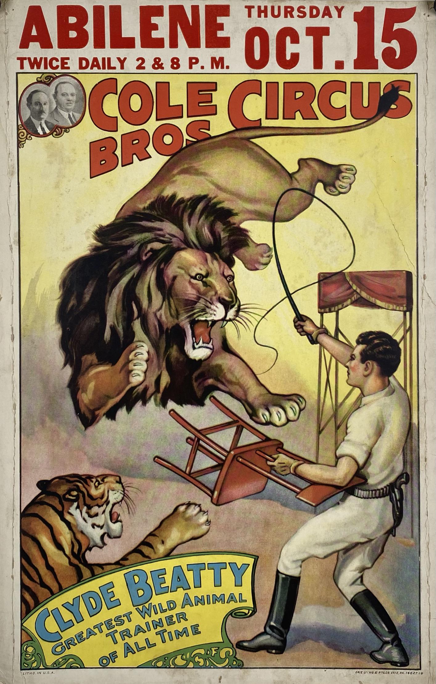 COLE BROS. CIRCUS - CLYDE BEATTY CIRCUS WINDOW CARD: CARD STOCK, ERIE LITHO. DATE FOR ABILENE, 1935. CREASING AT MARGINS. IMAGE 14"X22"
