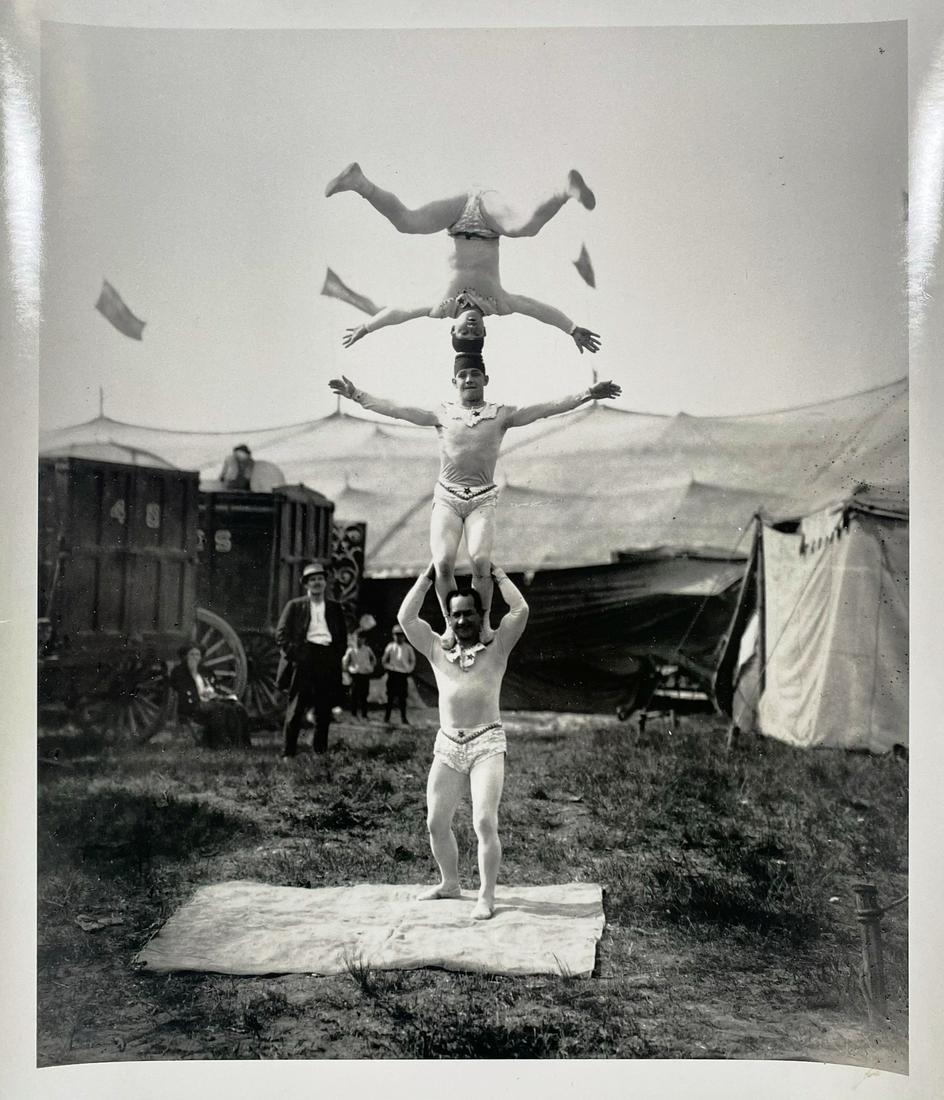 FREDERICK W. GLASIER SILVER GELATIN PHOTOGRAPH: TRIO OF ACROBATS, T.O.C. FROM THE JOHN HURDLE COLLECTION (FORMER CURATOR OF THE RINGLING MUSUEM - SARASOTA, FLORIDA). THE MUSEUM COMMISSIONED JERRY ULESMANN TO PRINT FROM THE ORIGINAL FREDERICK W. GLA