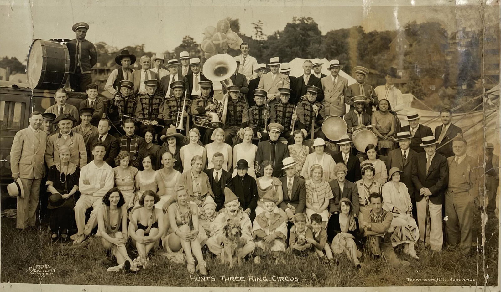 EDWARD J. KELTY (AMERICAN, 20TH C.) PHOTOGRAPH: ORIGINAL KELTY PHOTOGRAPH OF HUNT'S THREE RING CIRCUS, TARRYTOWN, N.Y., 1932. TWO VERTICAL CREASES, SOILING TO RIGHT MARGIN, REINFORCEMENT ON VERSO.