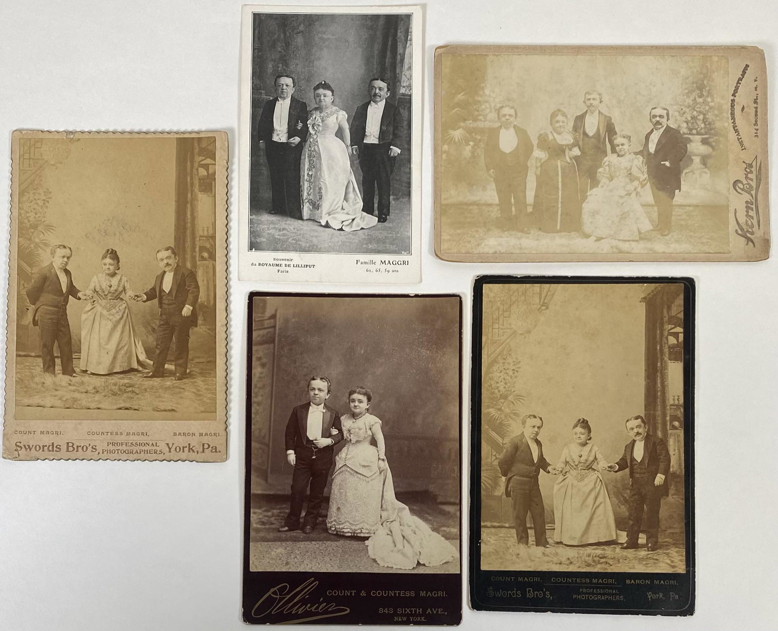 MAGRI FAMILY CABINET PHOTOS & POSTCARD: IMAGES OF COUNT MAGRI, BARON MAGRI AND COUNTESS MAGRI (LAVINIA WARREN, WIDOW OF TOM THUMB), C.1885.