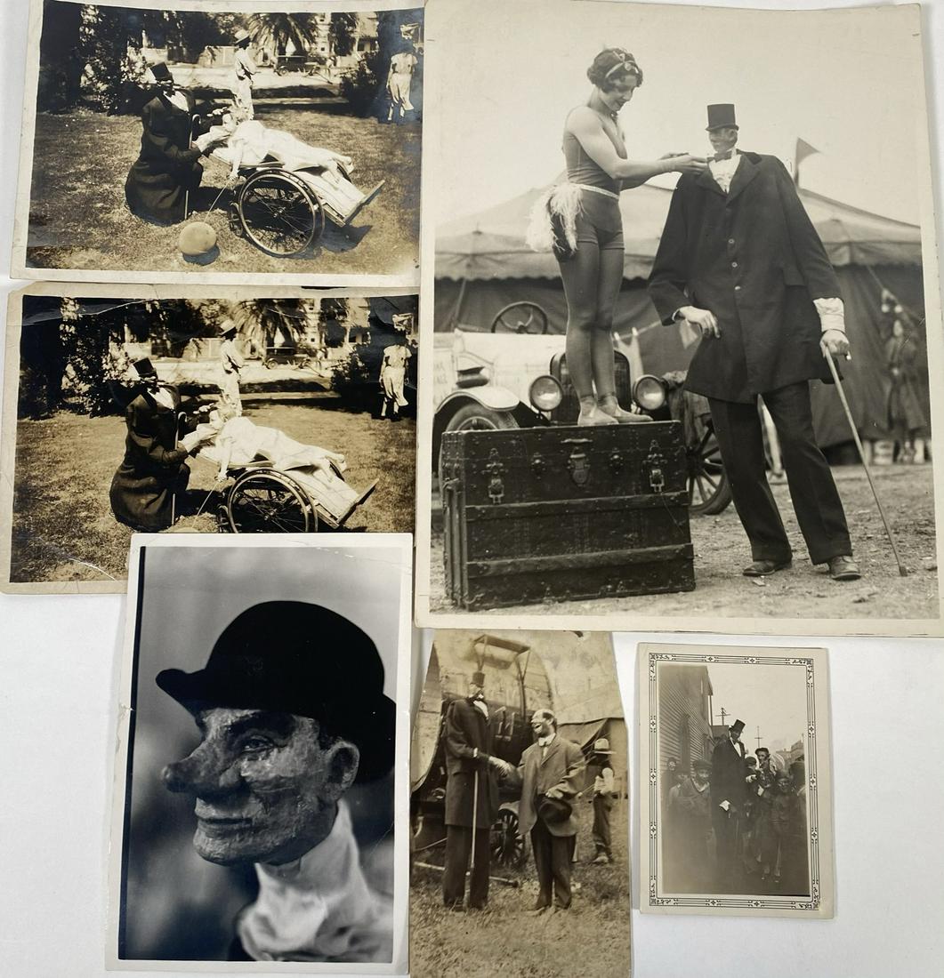 DUKE THE PINHEAD PHOTOGRAPHS: TAD TOSKY COLLECTION. TAD TOSKY AS "DUKE THE PIN HEAD", SELLS-FLOTO CIRCUS 1932. INCLUDES H.A. ATWELL PHOTOGRAPH OF ANTOINETTE CONCELLO LIGHTING DUKE'S CIGARETTE AMONG OTHER IMAGES. SCRAPBOOK REMNANTS