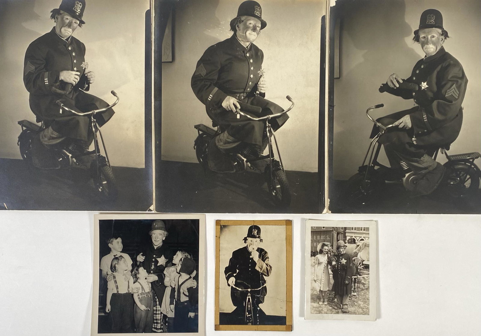 TAD TOSKY "CLOWN COP" PHOTO GROUPING: TAD TOSKY COLLECTION. GROUPING OF PHOTOGRAPHS WITH TAD TOSKY AS "CLOWN COP", 1940'S.