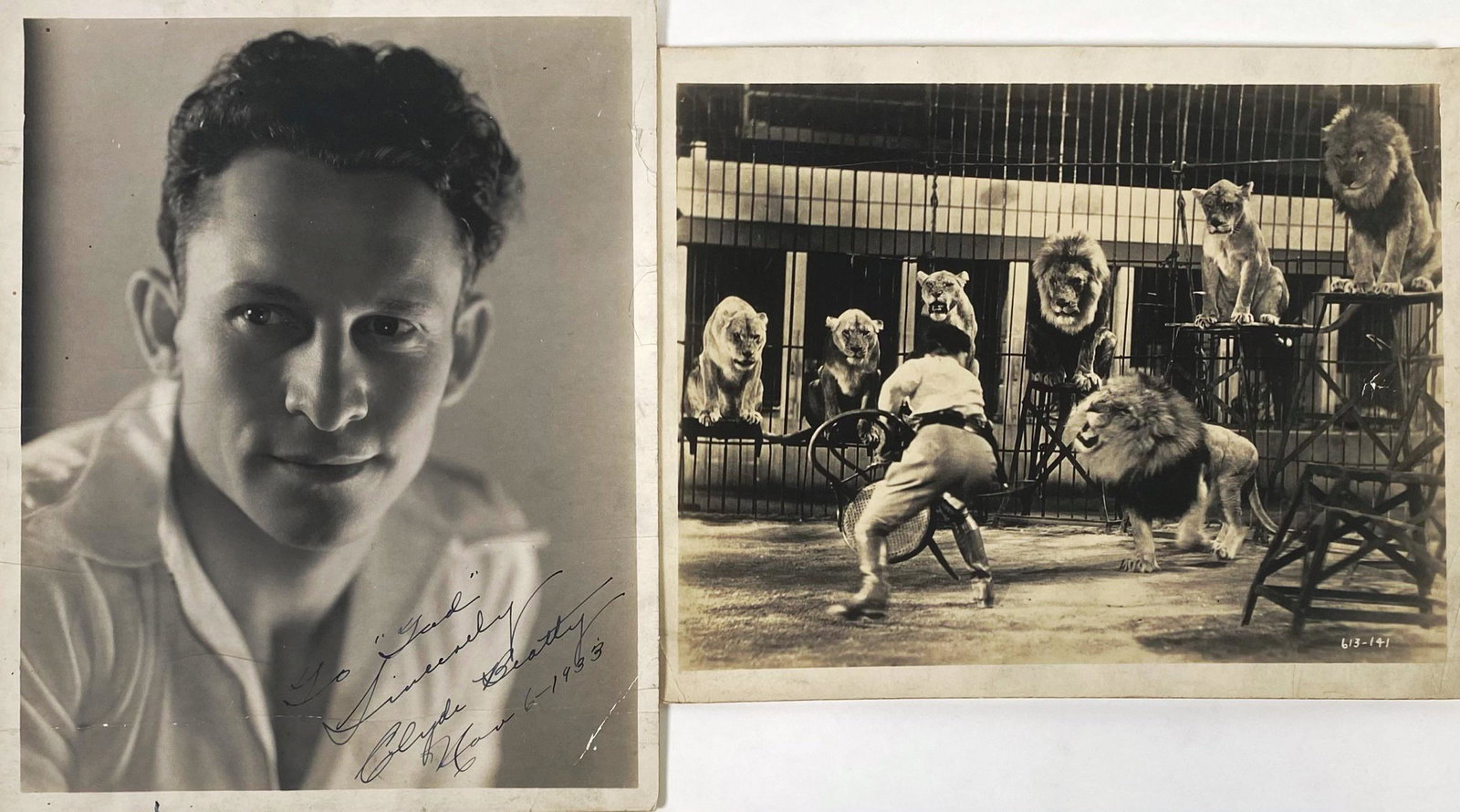 CLYDE BEATTY PHOTOGRAPHS: TAD TOSKY COLLECTION. CLYDE BEATTY IN THE RING WITH LIONS AND A STUDIO PORTRAIT THAT HAS BEEN AUTOGRAPHED BY BEATTY. 8"X10" BOTH WITH CREASES