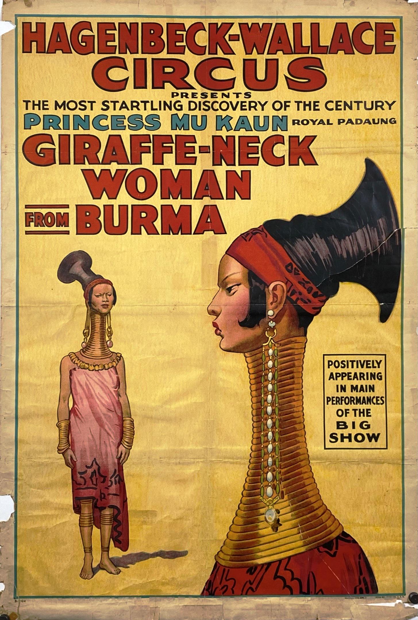 HAGENBECK-WALLACE CIRCUS POSTER - GIRAFFE NECK WOMEN: ONE SHEET, CENTRAL PRINTING, 1943. PRESENTING PRINCESS MU KAUN - ROYAL PADAUNG - GIRAFFE-NECK WOMAN FROM BURMA. TAPE REPAIRS, TEAR, LOSS AT MARGINS. 28"X42"