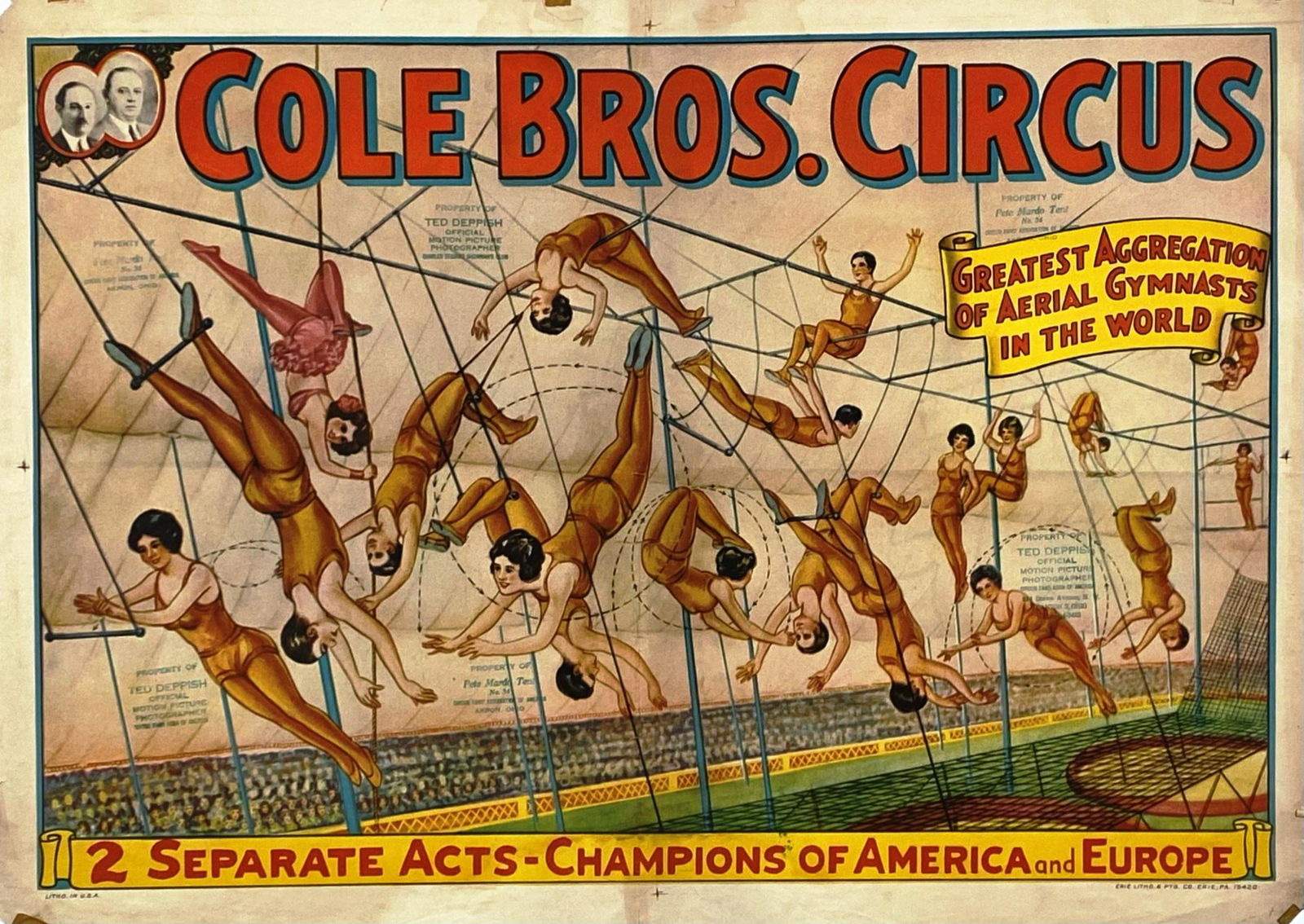 COLE BROS. CIRCUS POSTER: HALF SHEET, ERIE LITHO, 1935. GREATEST AGGREGATION OF AERIAL GYMNASTS IN THE WORLD. FOLDS, RUBBER STAMPS ON IMAGE. 20.5"X28"