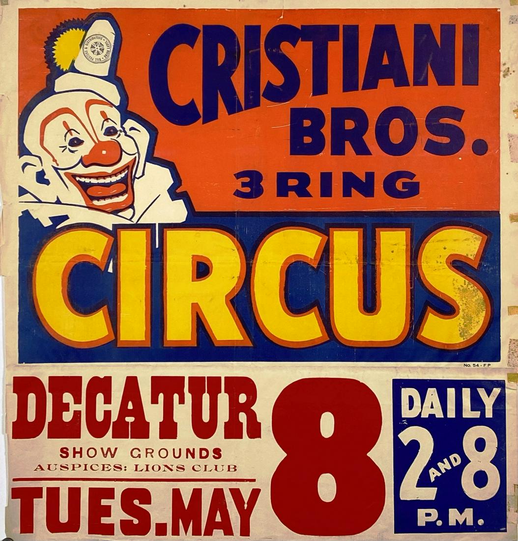 CRISTIANI BROS. 3-RING CIRCUS POSTER: HALF SHEET WITH DATE TAIL FOR DECATUR, 1956. MARGINAL WEAR, TAPE WHERE POSTED. 27.5"X29"
