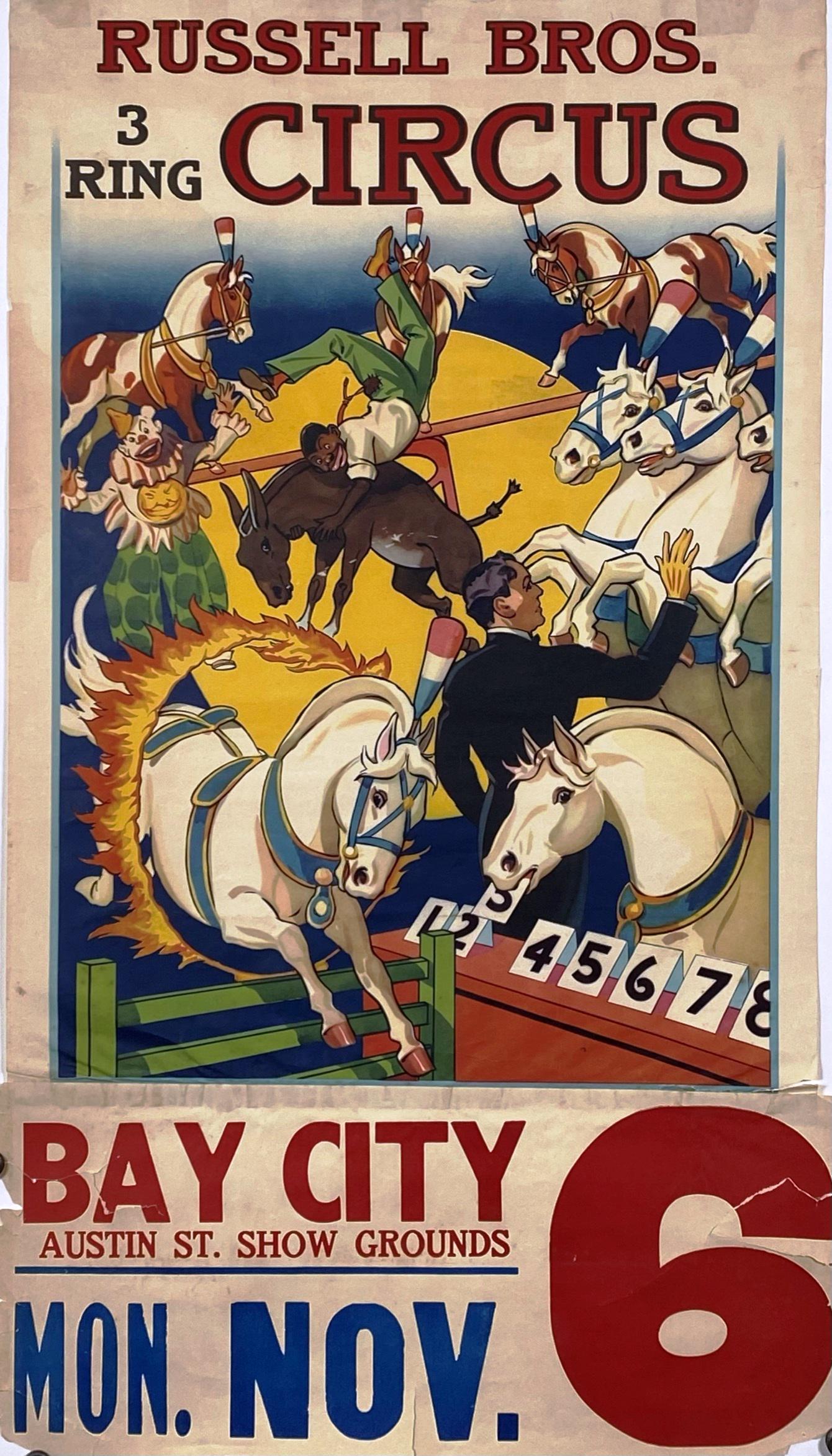 RUSSELL BROS. 3-RING CIRCUS POSTER: DONALDSON LITHO, HALF SHEET WITH DATE TAIL FOR BAY CITY, TEXAS, 1933. PICKOUT PONY DISPLAY. TEAR AT TAIL, VERY GOOD. 20"X36"