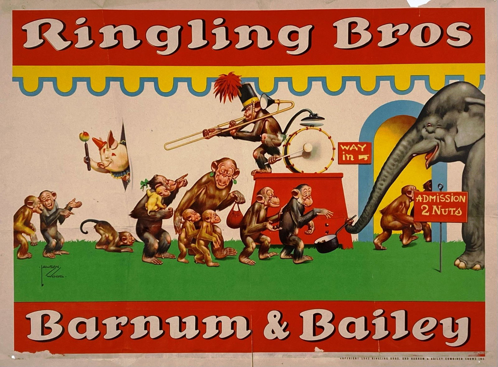 RINGLING BROS. BARNUM & BAILEY CIRCUS POSTER: HALF SHEET, 1943. LAWSON WOOD ARTWORK. MONKEYS. TEAR AT FOLD, LOSS AT MARGIN. 21"X28"