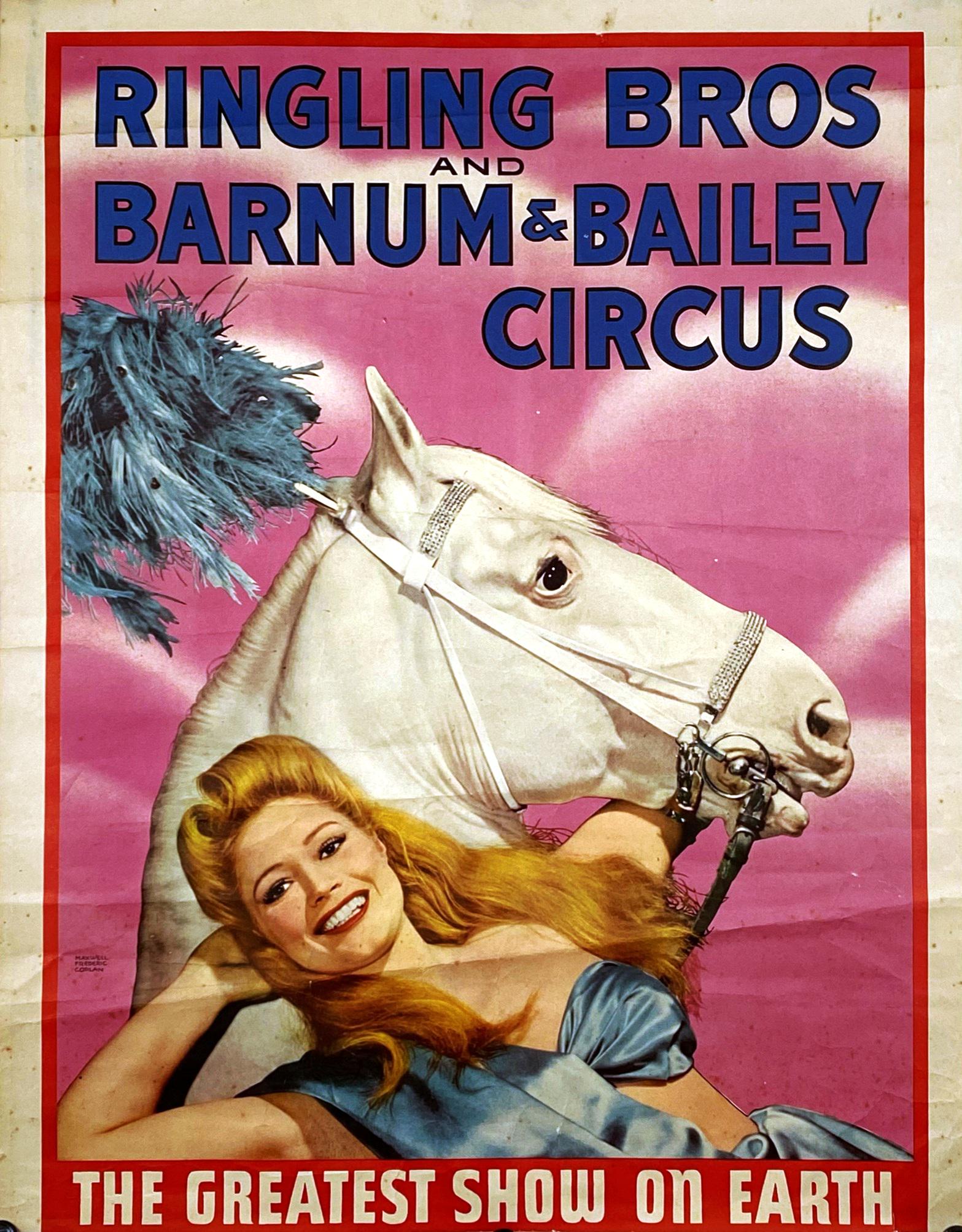 RINGLING BROS. BARNUM & BAILEY CIRCUS POSTER: HALF SHEET, 1945. MAXWELL FREDERIC COPLAN ARTWORK. KITTY CLARK AND WHITE HORSE. LOWER BORDER TRIMMED, FOLDS. 21"X26.75"