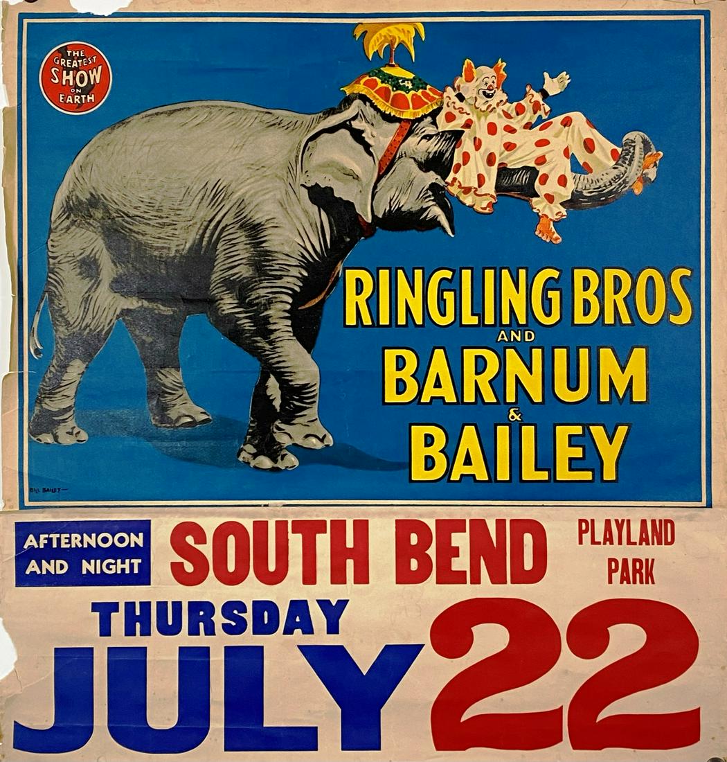 RINGLING BROS. BARNUM & BAILEY CIRCUS POSTER: HALF SHEET, DATE TAIL, 1942. PAUL JEROME (CLOWN) IN ELEPHANT TRUNK. LOSS AT TAIL, GOOD. 28"X30"