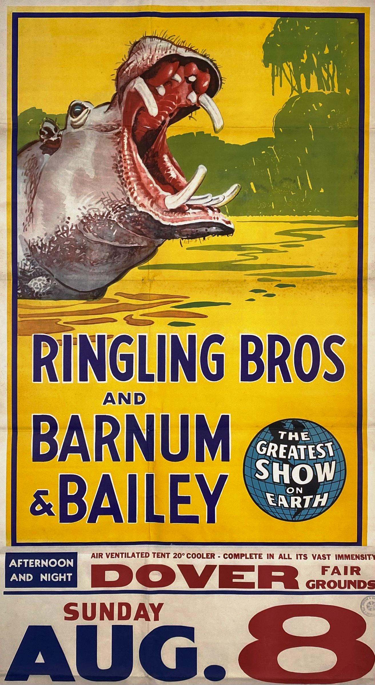 RINGLING BROS. BARNUM & BAILEY CIRCUS POSTER: ONE SHEET, WITH DATE TAIL FOR DOVER, 1943. UNMOUNTED, FOLDS, FOXING IN PLACES, BILL POSTER STAMP. IMAGE 28"X49"