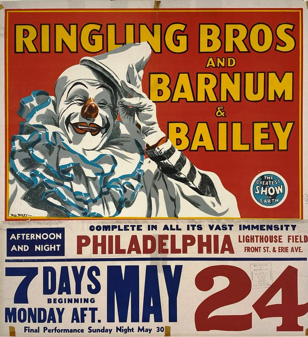 RINGLING BROS. BARNUM & BAILEY CIRCUS POSTER: HALF SHEET, DATE TAIL FOR PHILADELPHIA, 1950. MOUNTED ON FOAM BOARD, BILL POSTER'S STAMP, GRAPHITE DATE OBVERSE MARGIN. OVERALL 30"X32"