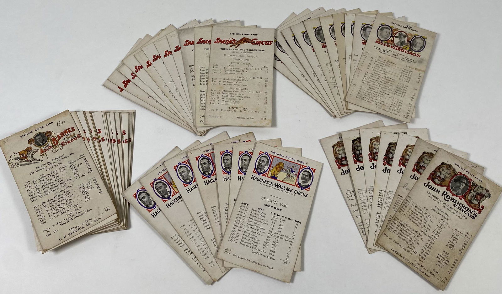 COLLECTION OF 1930'S CIRCUS ROUTE CARDS: ALL 1930'S FOR THE YEARS JOHN RINGLING OPERATED ALL 5 AMERICAN CIRCUS CORPORATION SHOWS. INCLUDES BARNES, HAGENBECK-WALLACE, JOHN ROBINSON, SELLS-FLOTO, SPARKS.