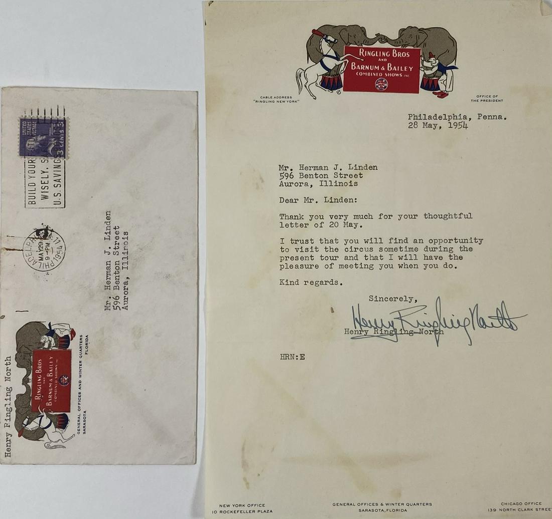 HENRY RINGLING NORTH RBBB LETTER: INCLUDES LETTER WRITTEN TO MR. HERMAN J. LINDEN ON MAY 28TH, 1954. INCLUDES POSTMARKED ENVELOPE.