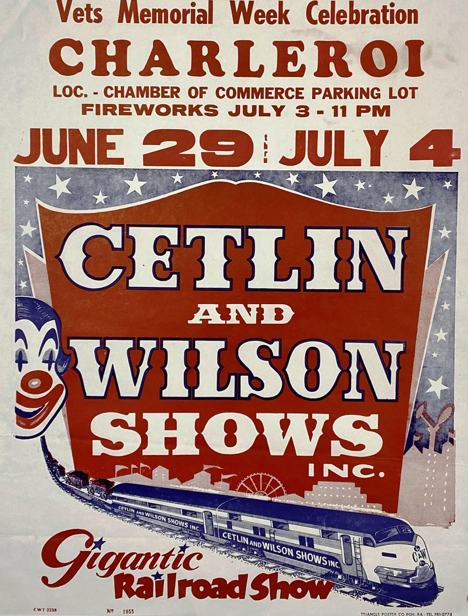 CETLIN & WILSON SHOWS POSTER: HALF SHEET TITLE WITH TRAIN, TRIANGLE POSTER CO. STAINING IN UPPER RIGHT CORNER, FOLDS. IMAGE 22"X28"