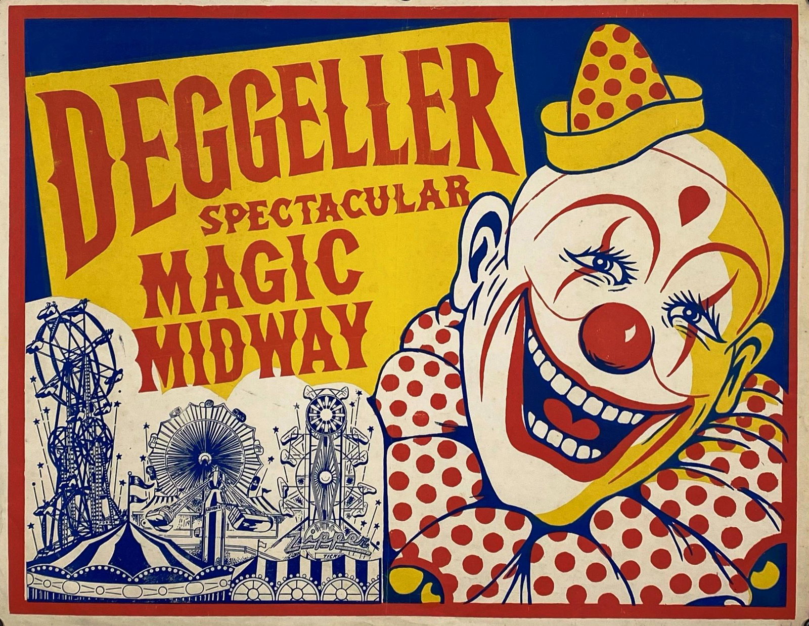 DEGGELLER MAGIC MIDWAY POSTER: HALF SHEET FEATURING CLOWN AND MIDWAY. FOLDS, GOOD. 22"X28"