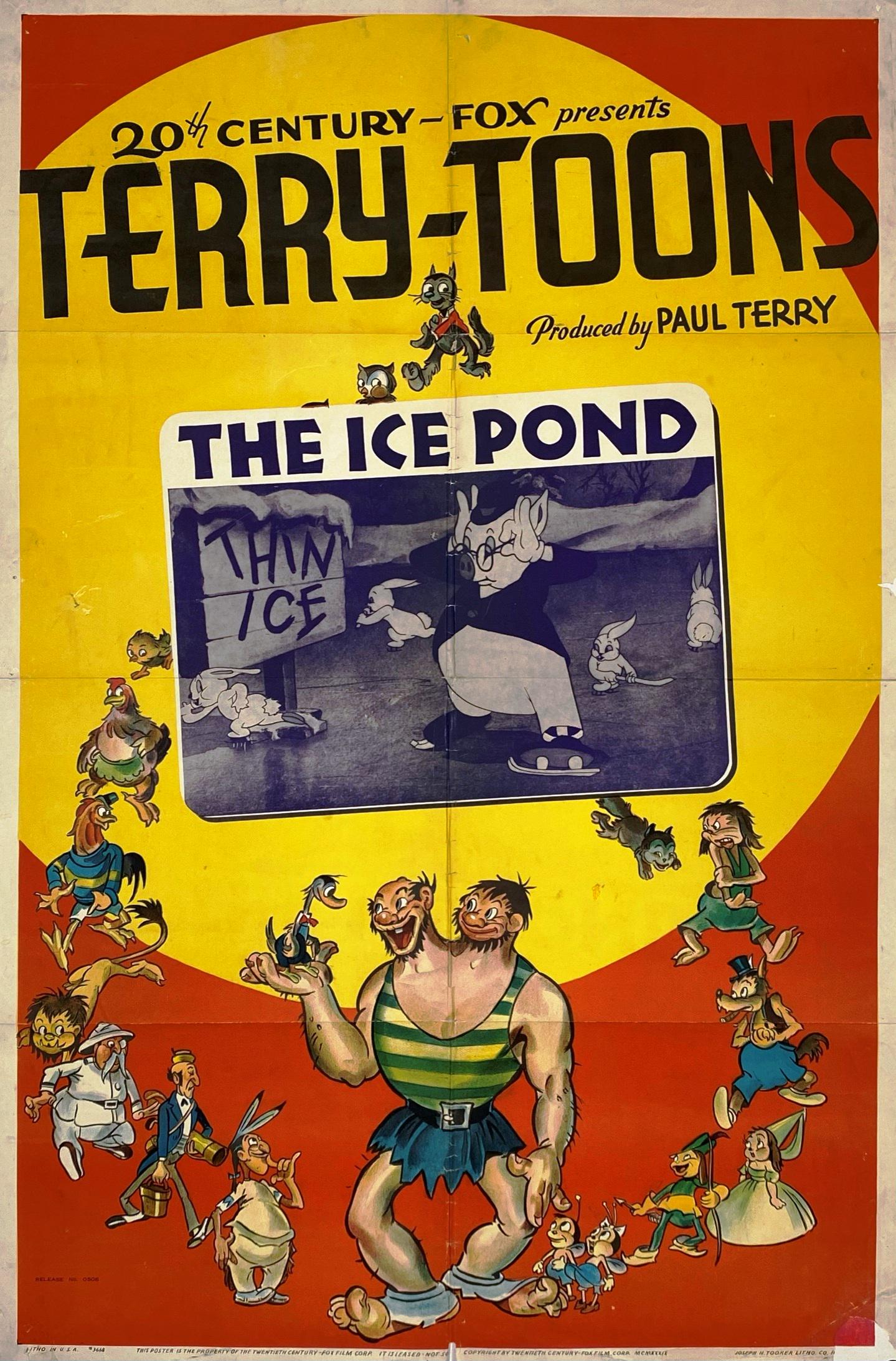 TERRY-TOONS - THE ICE POND POSTER: ONE SHEET, TOOKER LITHO FOR TWENTIETH CENTURY FOX FILMS. FOLDS, WEAR AT FOLDS, MINOR HOLES AND AREAS OF INPAINTING. IMAGE 27"X41"
