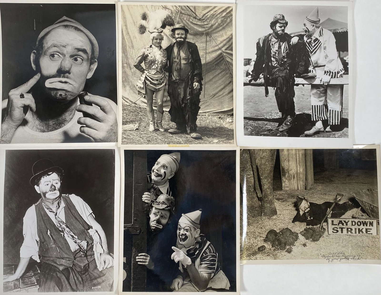 COLLECTION OF CLOWN PHOTOGRAPHS: INCLUDES EMMETT KELLY (WITH EVI), JACK LECLAIR, OTTO GRIEBLING, JOHNNY TRIPP. 8"X10"
