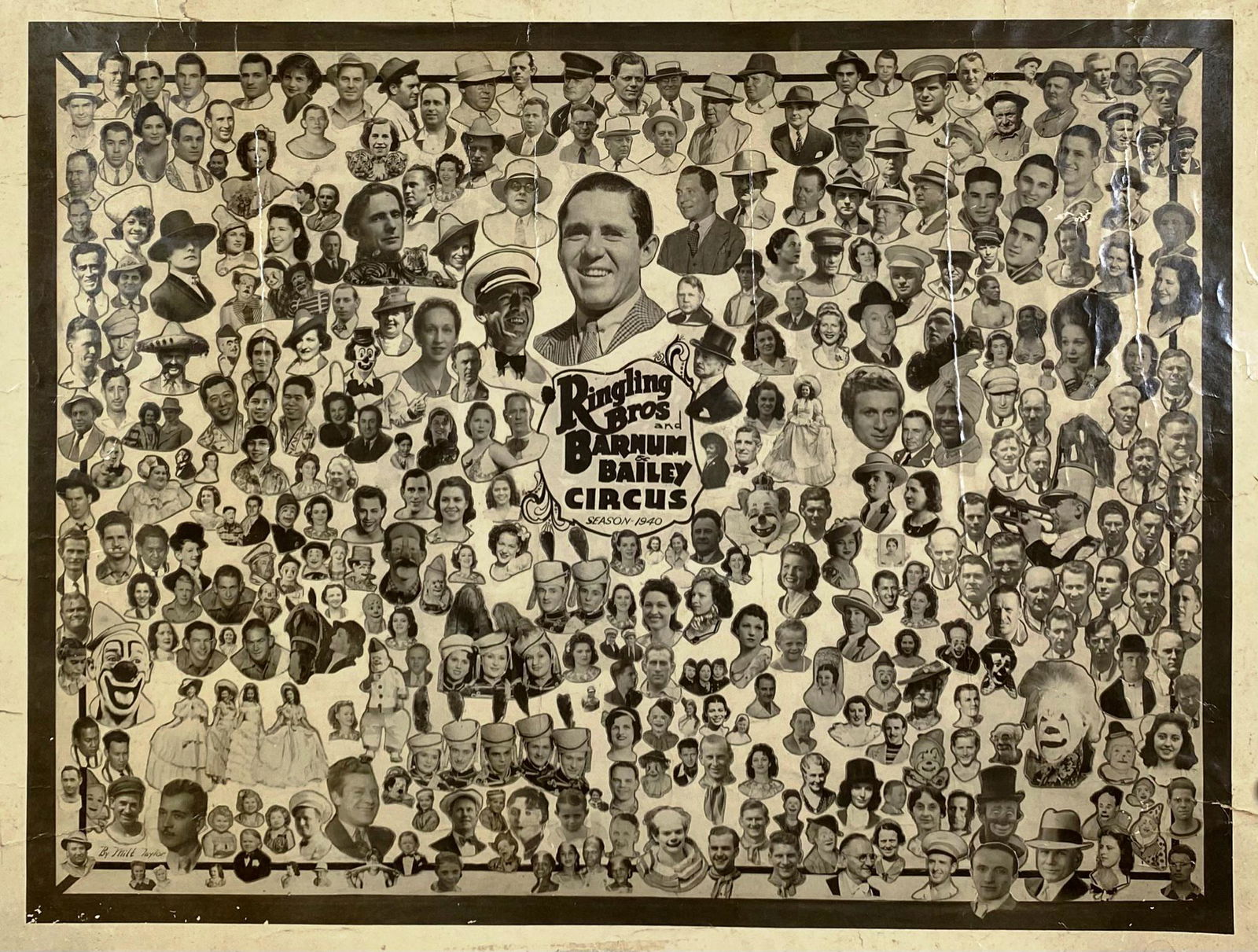 RINGLING BROS. BARNUM & BAILEY CIRCUS - 1940: A PHOTO COLLAGE BY MILT TAYLOR WITH FACES OF THE 1940 SHOW. LINEN BACKED, SOME EDGE TEARS. 18"X23.5"