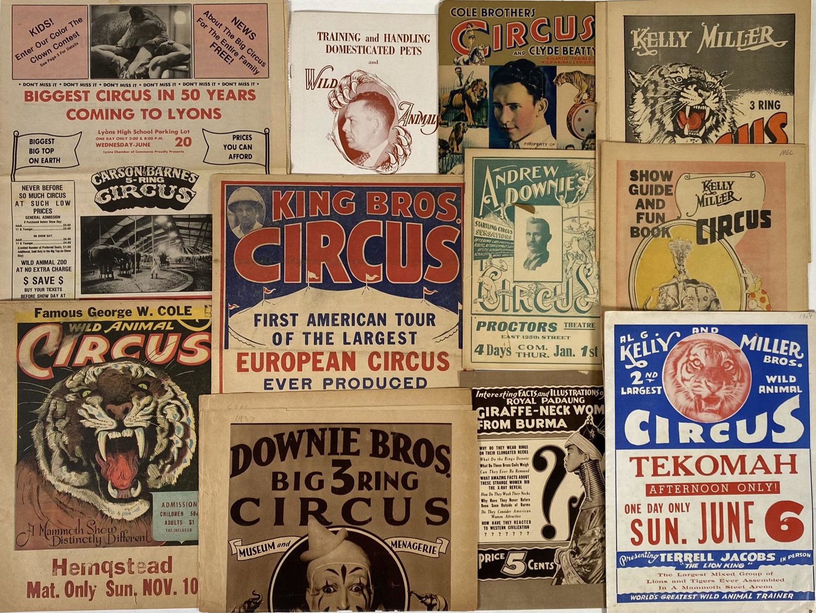 GROUPING OF CIRCUS EPHEMERA: GIRAFFE-NECK WOMEN, DOWNIE BROS. COURIER, COLE BROS. COURIER, TERRELL JACOBS ANIMAL BOOKLET AND OTHERS.