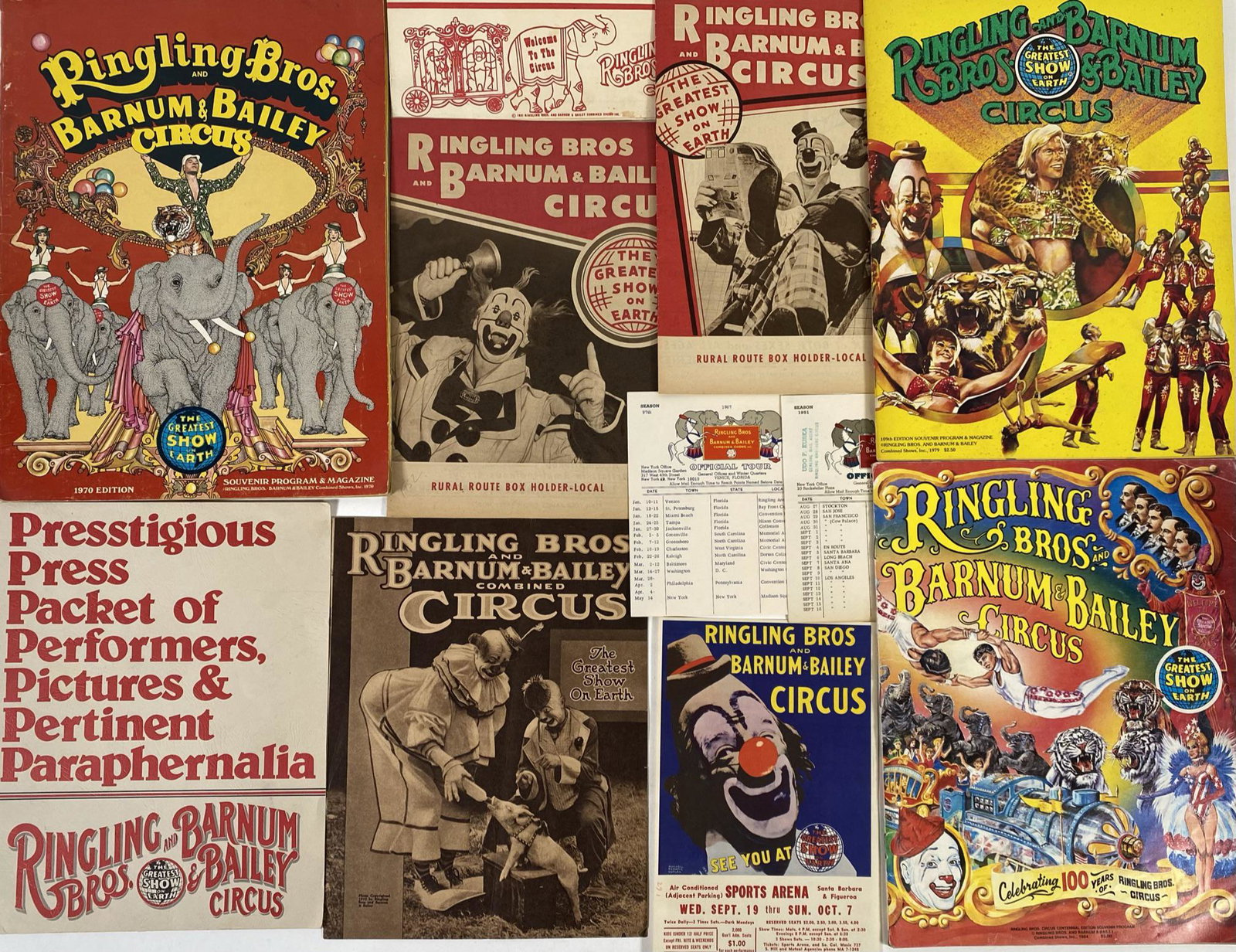 GROUPING OF CIRCUS EPHEMERA: COURIERS, CLYDE BEATTY NEWSPAPER, ROUTE CARDS, RBBB PROGRAMS