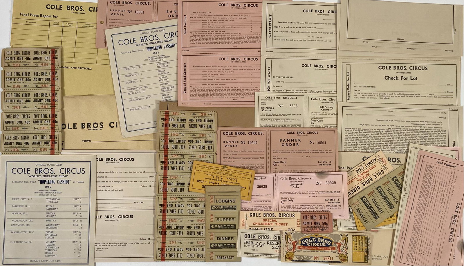 COLE BROS. CIRCUS MEMORABILIA: TICKETS, PASSES, PRESS REPORT, WATER PERMIT, ENVELOPE, LOT CONTRACT, ROUTE CARD 1950, FEED CONTRACT, BILL POSTER CONTRACT, LITHOGRAPH ORDER.