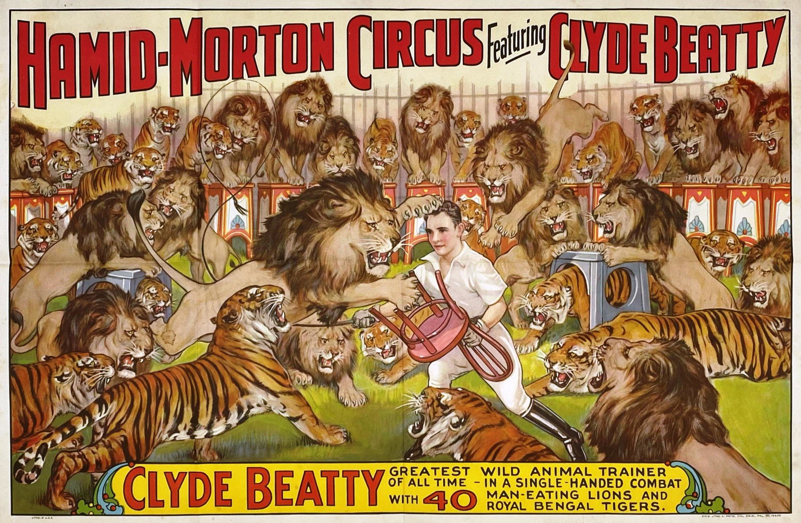 HAMID-MORTON CIRCUS - CLYDE BEATTY: ONE SHEET, ERIE LITHO, 1940. CLYDE BEATTY - GREATEST WILD ANIMAL TRAINER OF ALL TIME - IN A SINGLE-HANDED COMBAT WITH 40 MAN-EATING LIONS AND ROYAL BENGAL TIGERS. FOLDS, EXCELLENT, BRILLIANT COLORS. I