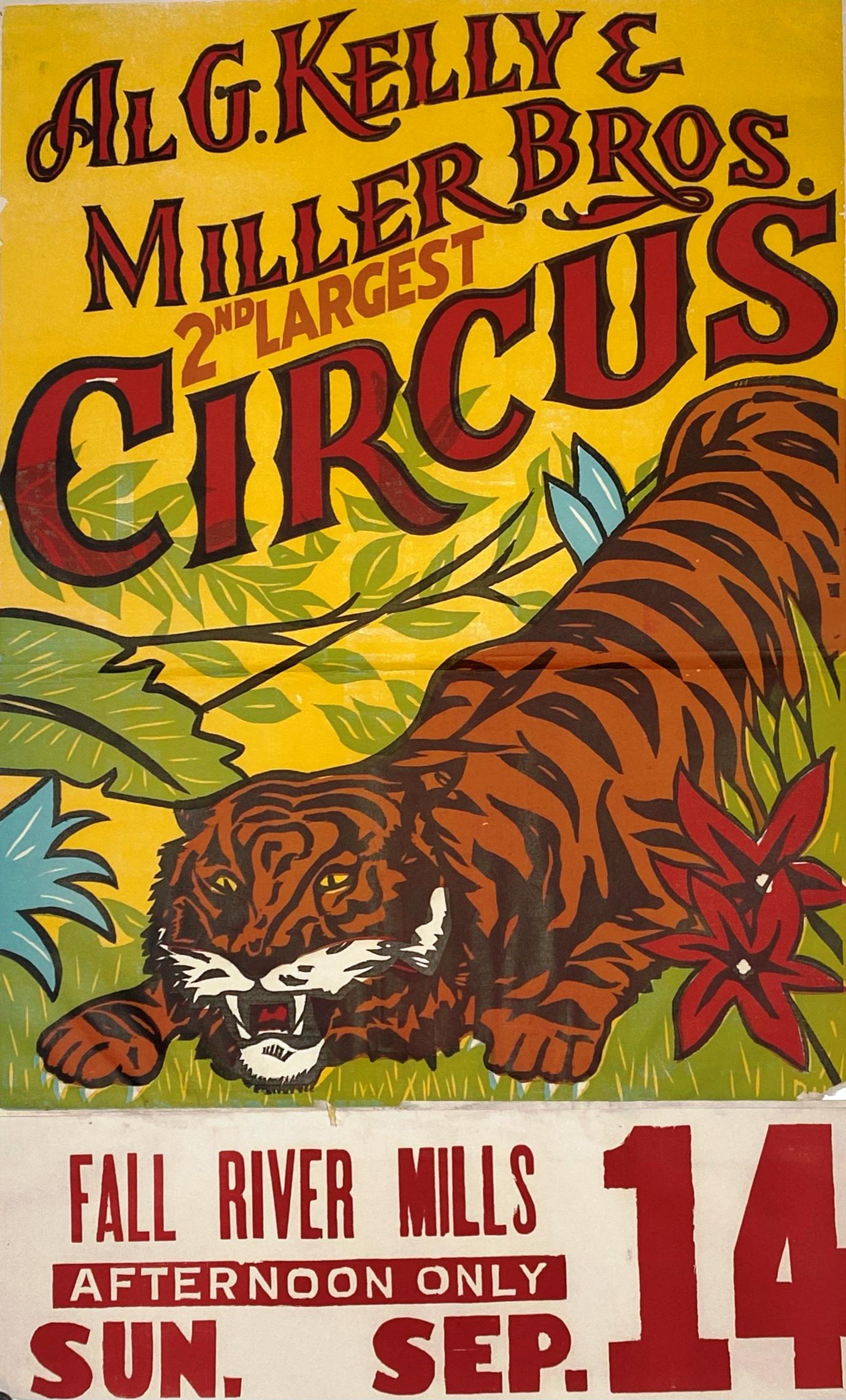 AL G. KELLY MILLER BROS. CIRCUS POSTER: HALF SHEET WITH DATE TAIL. FEATURING TIGER. MINOR LOSS AT LOWER RIGHT, FOLD. IMAGE 20.5"X33.5"