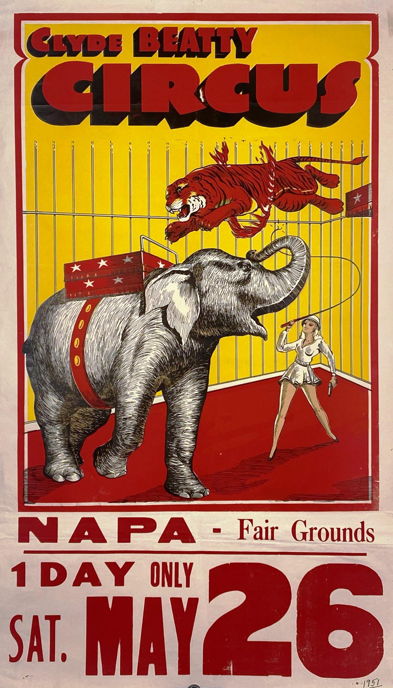 CLYDE BEATTY CIRCUS POSTER: HALF SHEET WITH DATE TAIL, 1950'S. FOLDS. IMAGE 21"X37"
