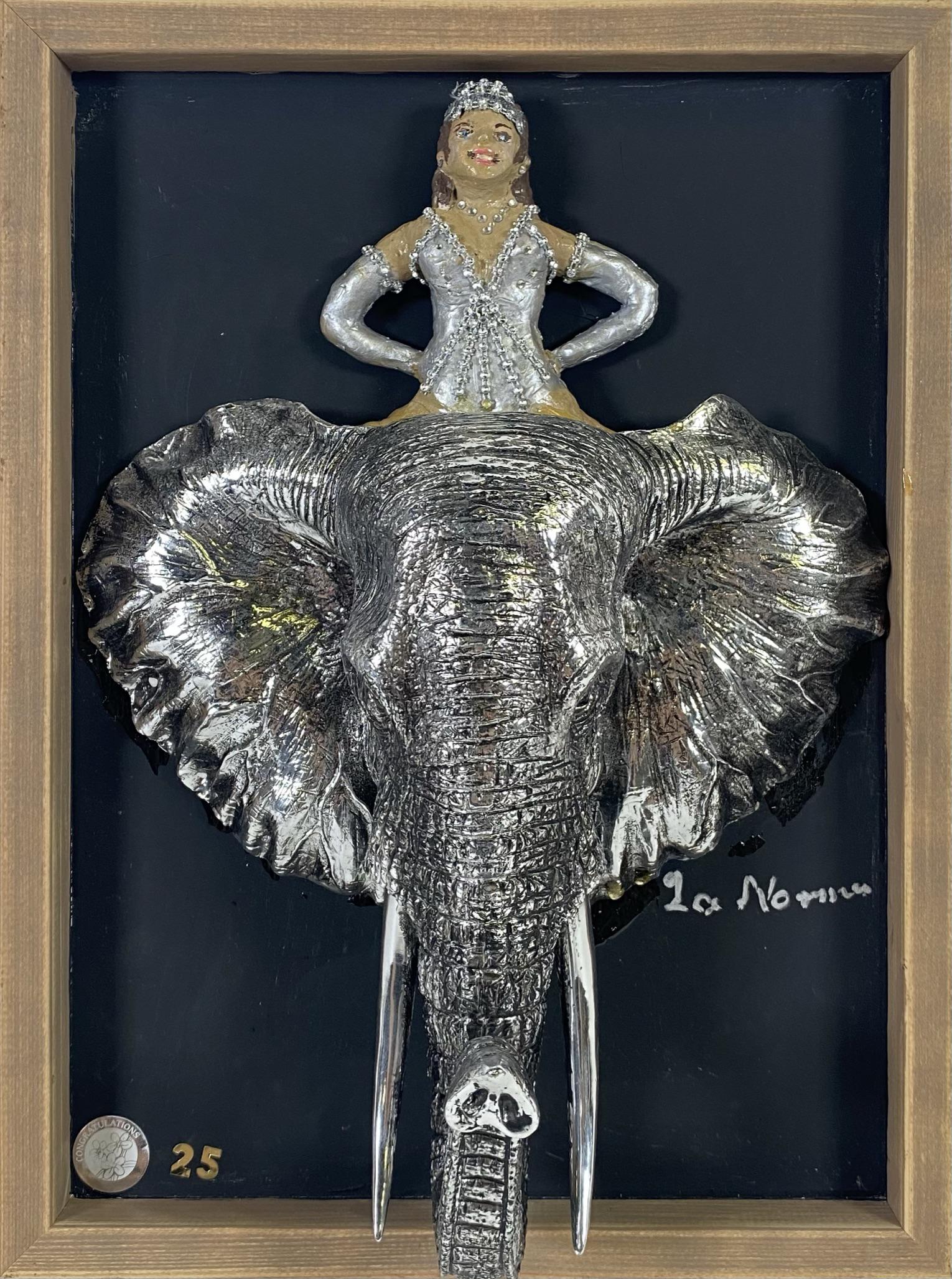 LA NORMA FOX HAND-MADE ELEPHANT ART - FR. J. HOGAN: CUSTOM ONE-OFF ART PIECE MADE BY LA NORMA FOX FOR FATHER JERRY HOGAN'S 25TH ANNIVERSARY CELEBRATION. LA NORMA, AS AERIALIST, PERFORMED WITH RBBB AND COLE BROS. AND IS KNOWN FOR HER ARTISTIC CIRCUS DIS