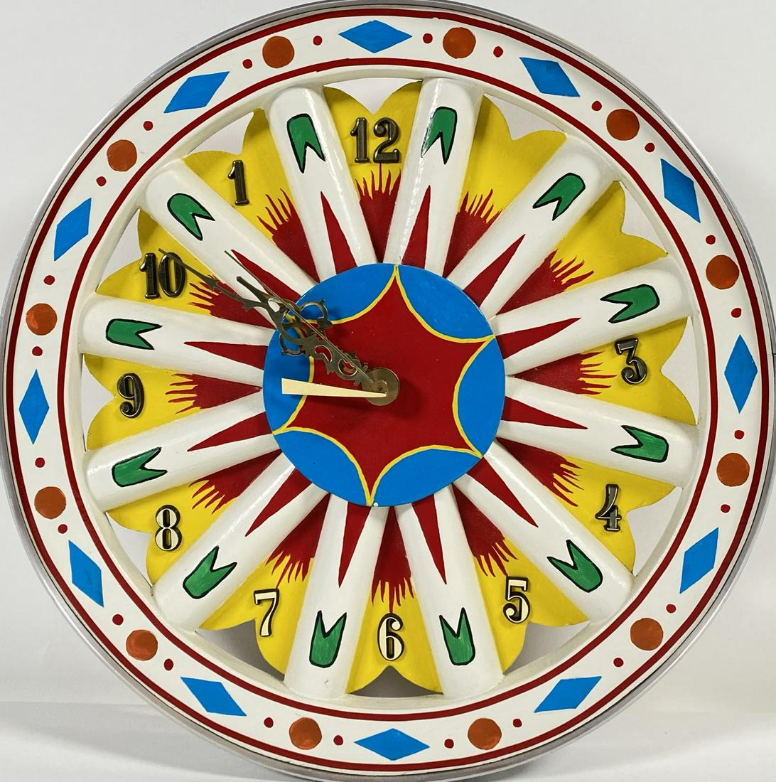 RUDY LENZ WAGON WHEEL CLOCK: FATHER JERRY HOGAN COLLECITON. A GIFT FROM RUDY LENZ, KNOWN FOR HIS ARTISTIC WAGON WHEEL WALL CLOCKS. SIGNED. 12"