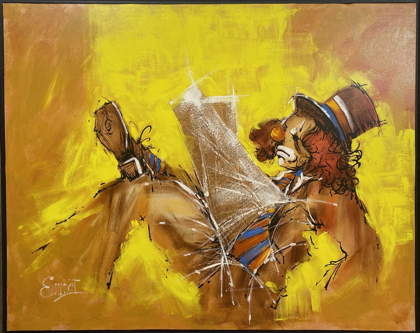CANVAS OIL PAINTING OF CLOWN: SIGNED EMMET. 50"X62"