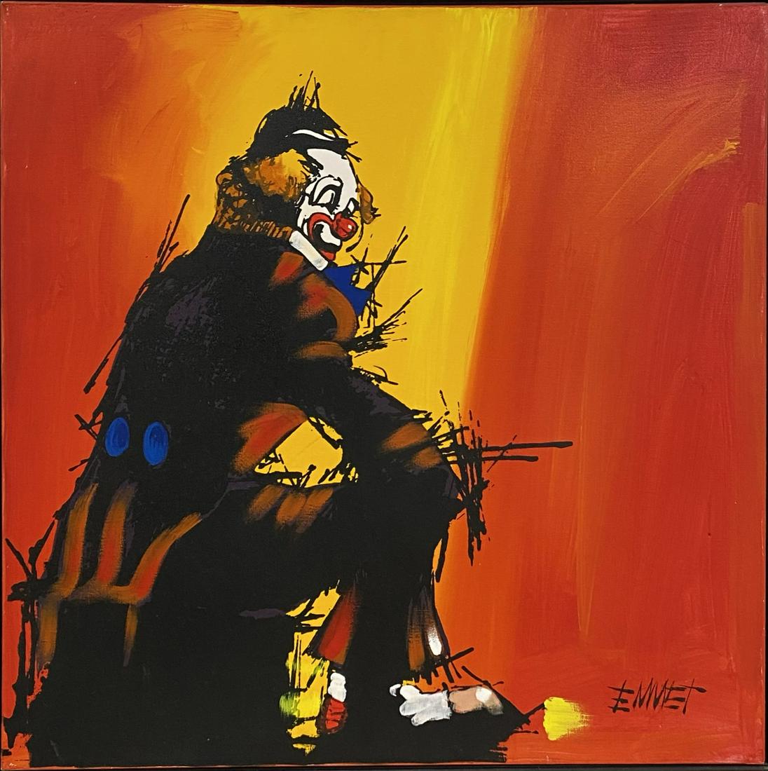 CANVAS OIL PAINTING OF CLOWN: SIGNED EMMET. 37"X37"