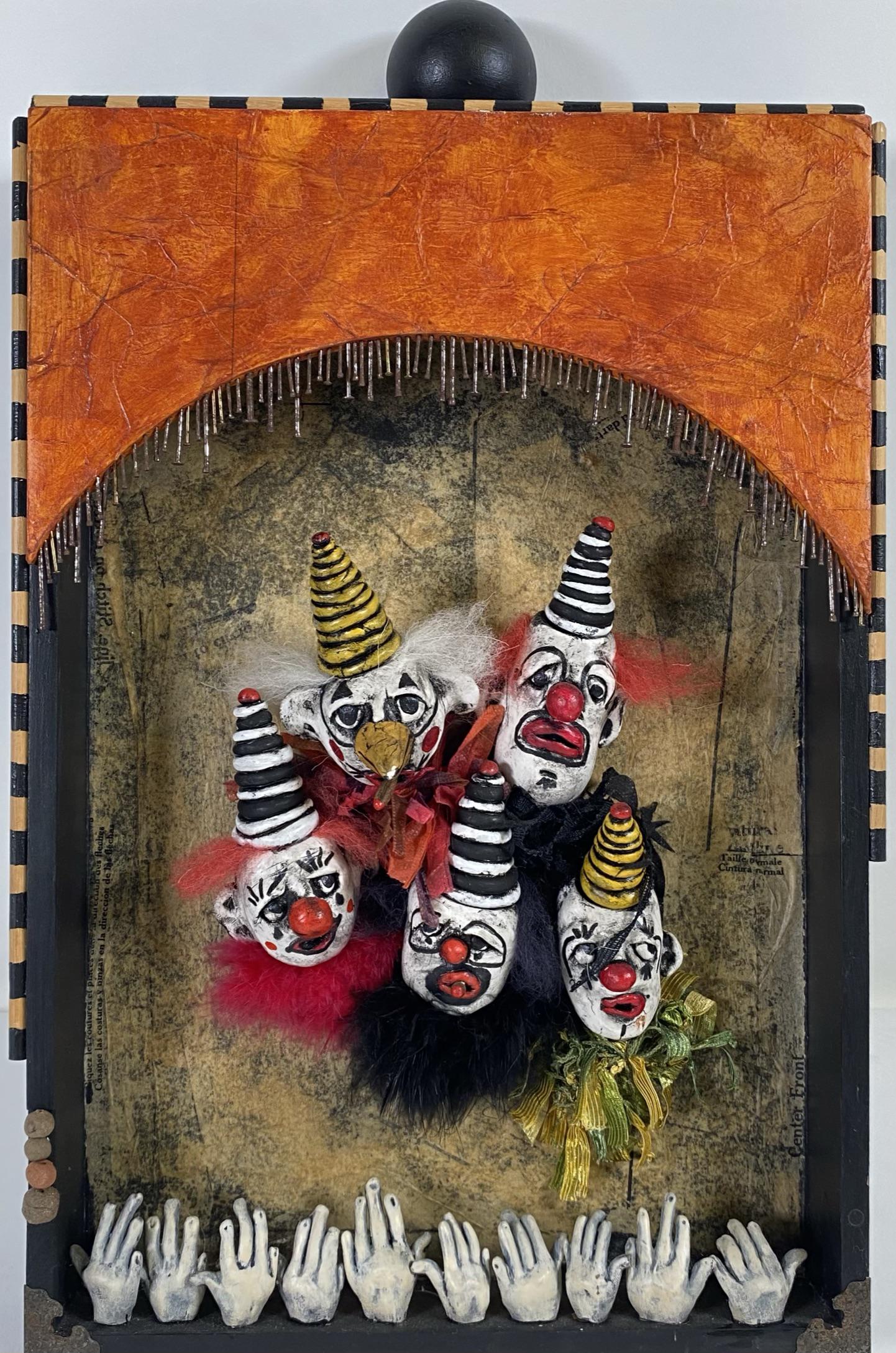 TANYA VARBLE "BAD CLOWN PARTY" ARTWORK: MULTI-MEDIA COMPOSITION SHADOWBOX. SIGNED. 10"X16"