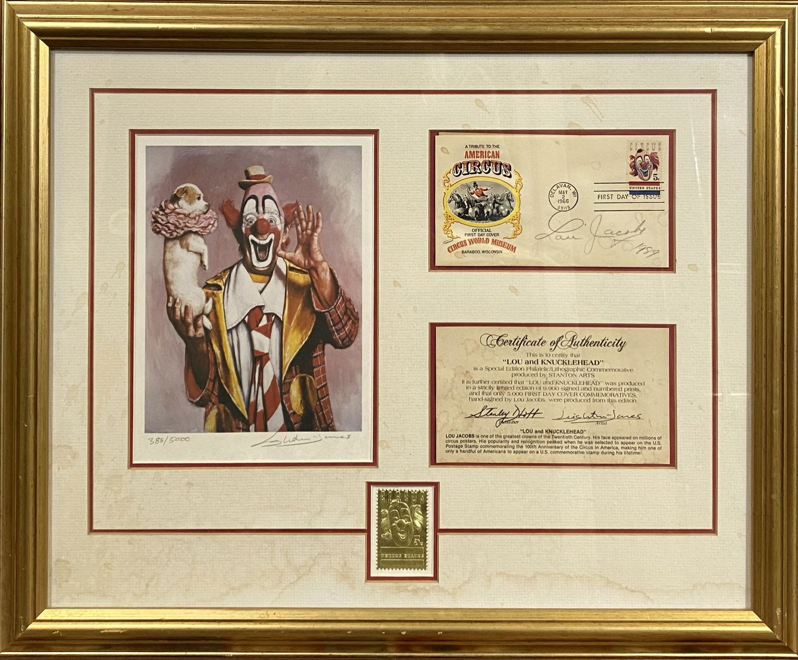 LOU JACOBS COLLAGE - AUTOGRAPH: LIMITED EDITION PRINT OF LOU JACOBS, AUTOGRAPHED FIRST DAY COVER. STAINING TO FDC AND CERT. FRAMED, 22.5"X18.5"