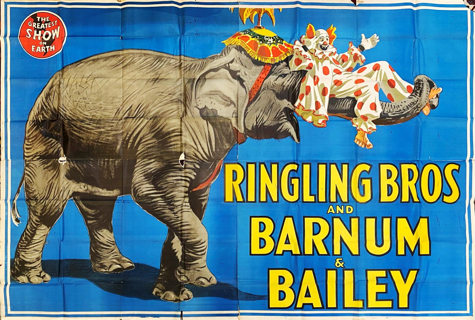 RINGING BROS. BARNUM & BAILEY CIRCUS 9-SHEET POSTER: 9 SHEET, BILL BAILEY ART, 1945. SCATTERED ENVIRONMENTAL/BUG HOLES. LOSS AT FOLDS. 117"X79"