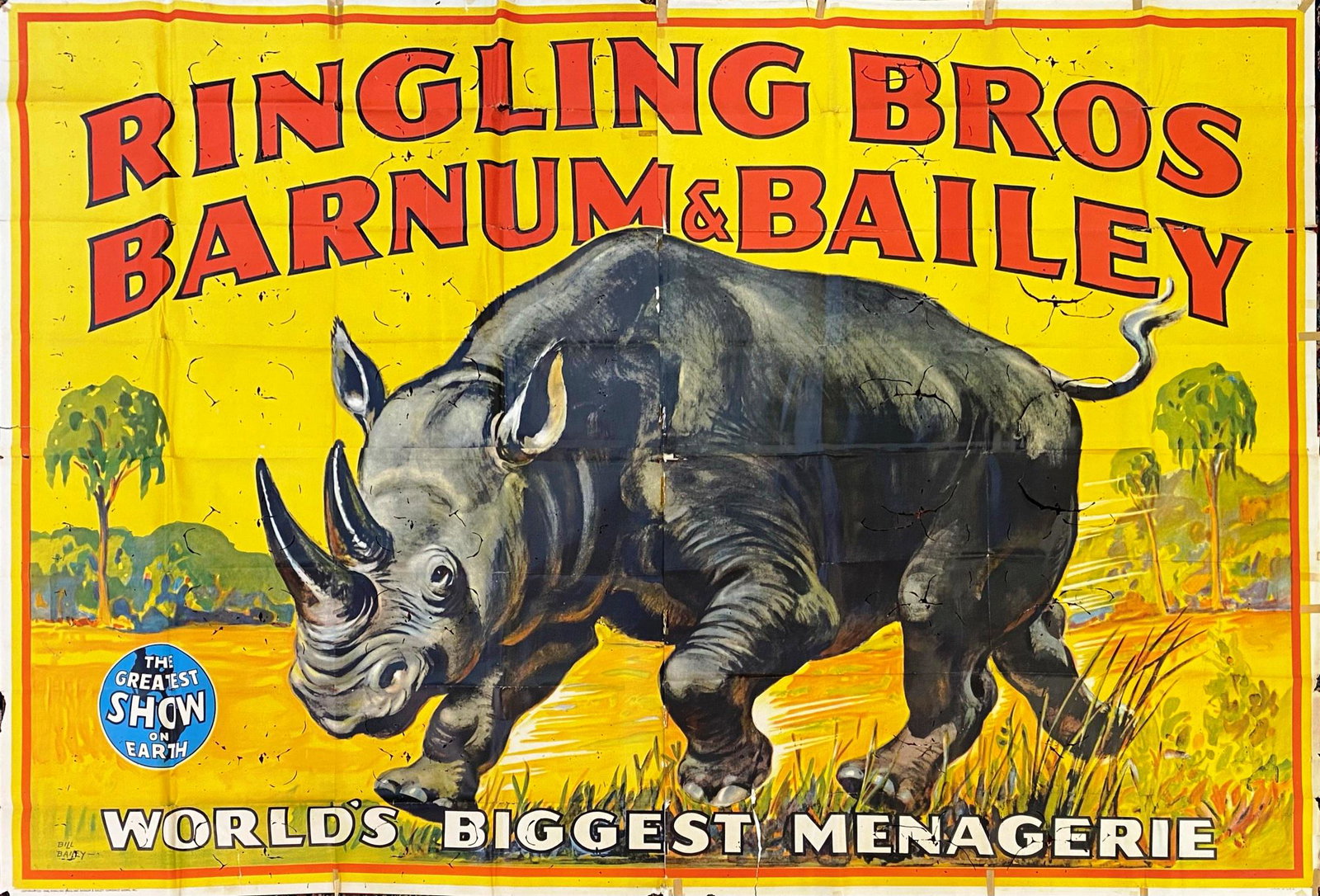 RINGLING BROS. BARNUM & BAILEY CIRCUS 9-SHEET POSTER: 9 SHEET, BILL BAILEY ART, 1946. SCATTERED ENVIRONMENTAL/BUG HOLES. LOSS AT FOLDS. 117"X79"