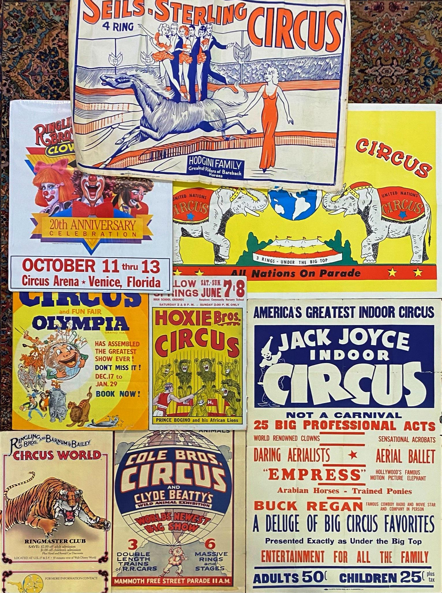GROUPING OF CIRCUS POSTERS: RBBB CLOWN COLLEGE, BERTRAM MILLS, CIRCUS WORLD, HOXIE, UNITED NATIONS, COLE BROS., JACK JOYCE, SEILS-STERLING. WINDOW CARD, HALF SHEETS, ONE SHEETS