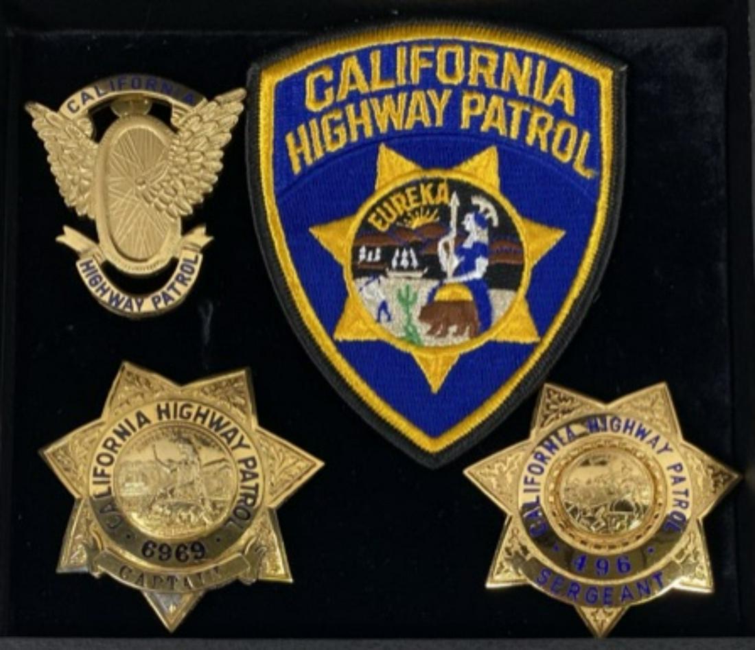 CALIFORNIA HIGHWAY PATROL MEMORABILIA: OBSOLETE, THREE BADGES INCLUDING CAPTAIN, SERGEANT AND PATCH.cycle is 2.5"x2.5", screw back and pin, no markcaptain is 2.5" roller pin back, no marksergeant is 2.5 roller pin back, markd 596 Ga-Rel
