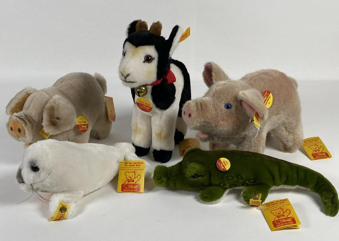 STEIFF PLUSH TOY GROUPING: WITH TAGS, EXCELLENT. INCLUDES 5414/18, 5374/17, 1463/18, 3810/17, 5480/22