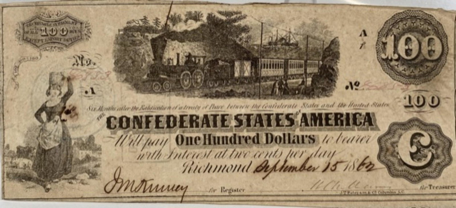 1862 CONFEDERATE $100 NOTE: CIRCULATED