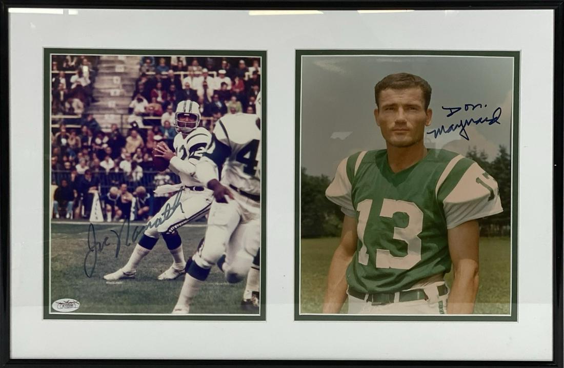 JOE NAMATH - DON MAYNARD AUTOGRAPHED PHOTOS: JSA AND GREY FLANNEL COA'S. PROFESSIONALLY FRAMED/MATTED. 14"X20"