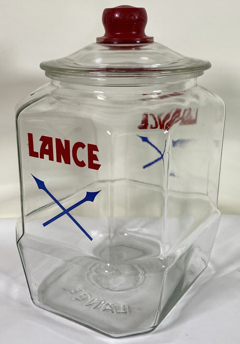 LANCE SNACKS JAR: HAVING A TOM'S GLASS LID, 12.5"H