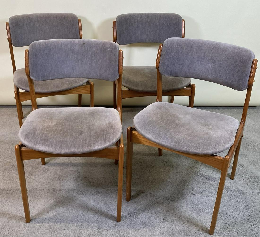 ERIK BUCH MODEL 49 CHAIRS: SET OF 4 CHAIRS, TEAK WITH MICRO-SUEDE SEATS, MINOR WEAR.